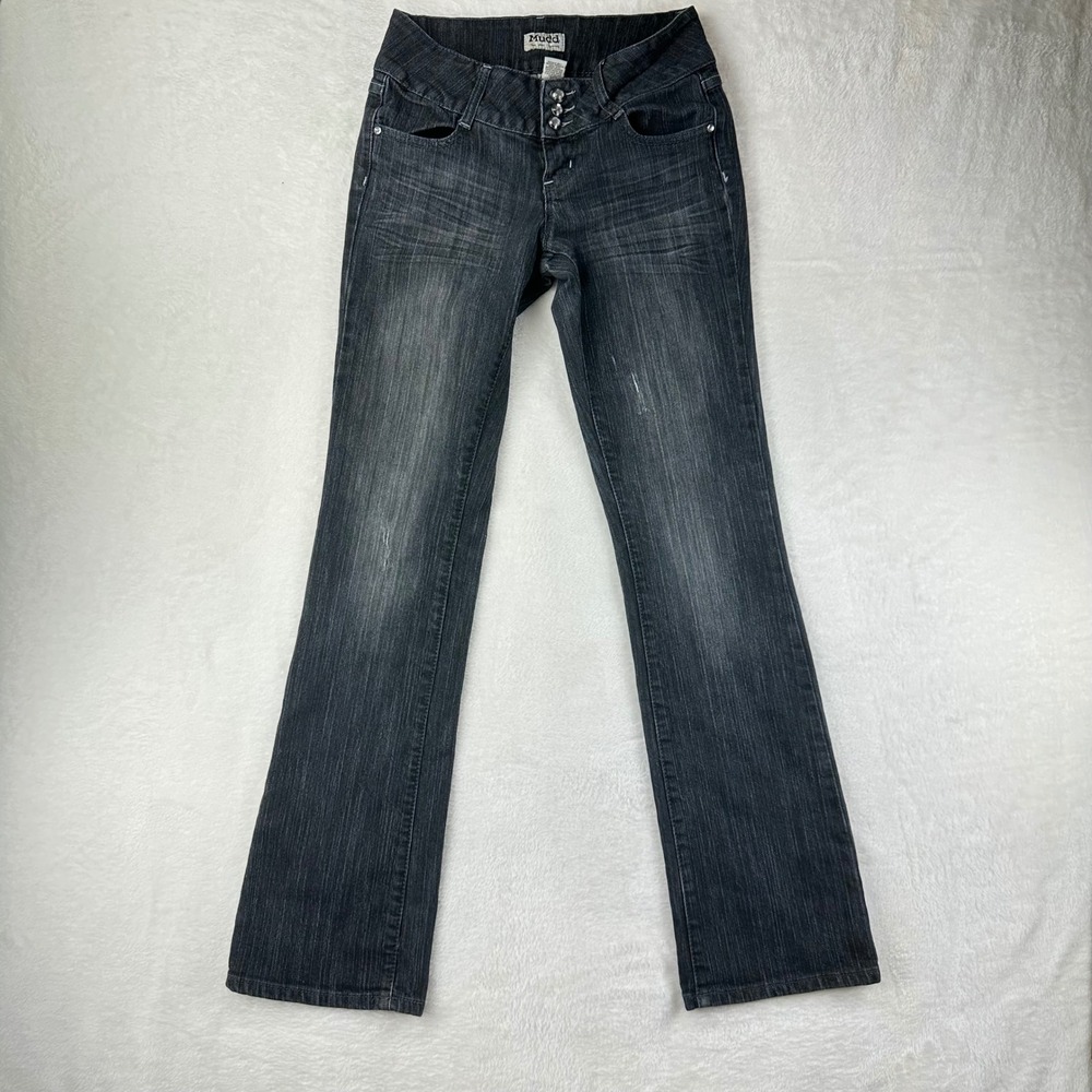 Mudd Jeans Womens 7 Dark Wash Bootcut Flap Pocket Y2K Embellished Cotton Blend